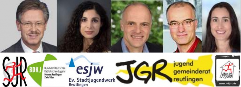 Bilder der fünf Kandidat_innen und die Veranstalerlogos