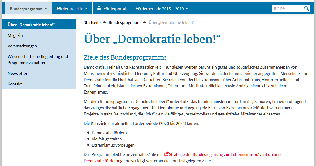 Screenshot einer Unterseite des Bundesprogramms Demokratie leben!: https://www.demokratie-leben.de/bundesprogramm/ueber-demokratie-leben.html