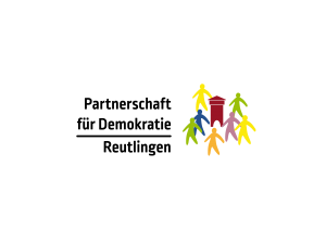 Logo der Partnerschaft für Demokratie Reutlingen, mit einer stilisierten Zeichnung des Tübinger Tors und stilisierten Personen in unterscheidlichen Farben.