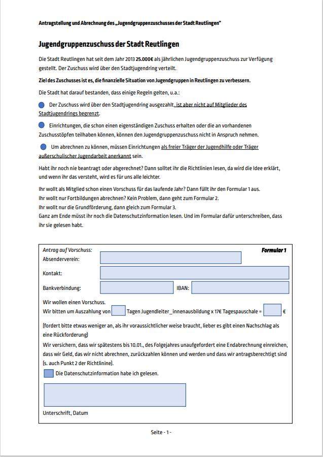 Screenshot des Antrags auf Abrechnung eines Jugendgruppenzuschusses der Stadt Reutlingen