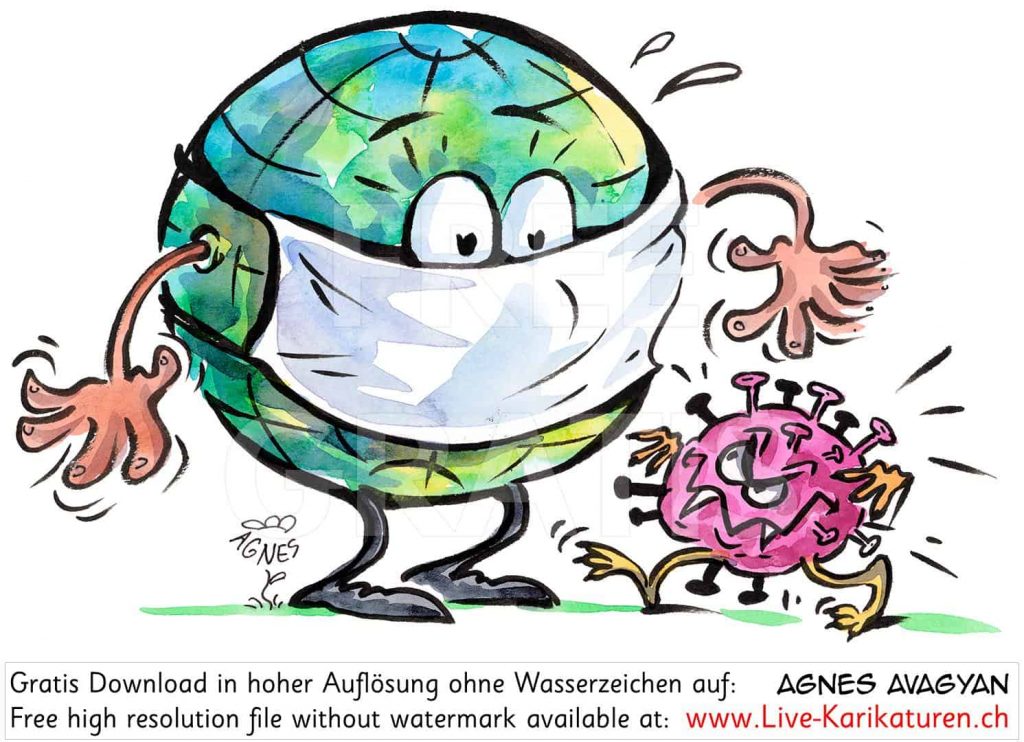 Covid Grafik: Erdkugel mit Mundschutz und Covid-Virus, von Agnes Avagyan, www.Live-Karikaturen.ch, CC BY-SA 4.0